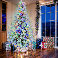 HKM-099859 7.5FT Snow Flocked Pre-Lit Christmas Tree with 350 Multi-Color LED Lights and 8 Flashing Modes