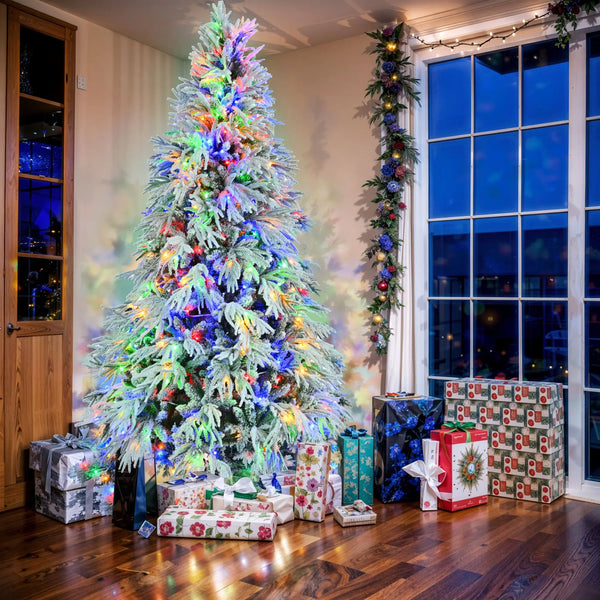 HKM-099859 7.5FT Snow Flocked Pre-Lit Christmas Tree with 350 Multi-Color LED Lights and 8 Flashing Modes