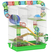 HKM-1003197 5-Tier Small Animal Cage with Tubes, Tunnels, Hut, Wheel, Food Bowl, and Water Bottle in Green