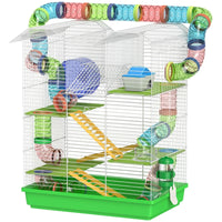 HKM-1003197 5-Tier Small Animal Cage with Tubes, Tunnels, Hut, Wheel, Food Bowl, and Water Bottle in Green