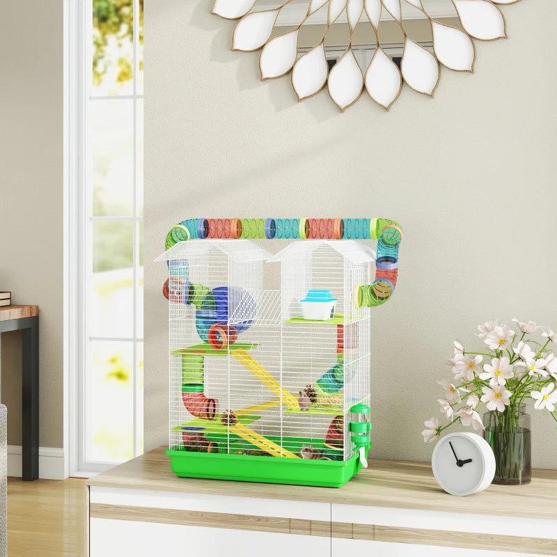 HKM-1003197 5-Tier Small Animal Cage with Tubes, Tunnels, Hut, Wheel, Food Bowl, and Water Bottle in Green