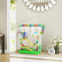 HKM-1003197 5-Tier Small Animal Cage with Tubes, Tunnels, Hut, Wheel, Food Bowl, and Water Bottle in Green