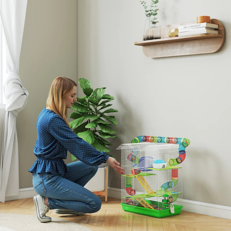 HKM-1003197 5-Tier Small Animal Cage with Tubes, Tunnels, Hut, Wheel, Food Bowl, and Water Bottle in Green