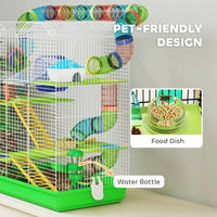 HKM-1003197 5-Tier Small Animal Cage with Tubes, Tunnels, Hut, Wheel, Food Bowl, and Water Bottle in Green
