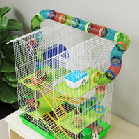 HKM-1003197 5-Tier Small Animal Cage with Tubes, Tunnels, Hut, Wheel, Food Bowl, and Water Bottle in Green