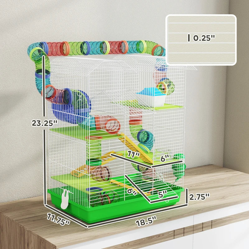 HKM-1003197 5-Tier Small Animal Cage with Tubes, Tunnels, Hut, Wheel, Food Bowl, and Water Bottle in Green