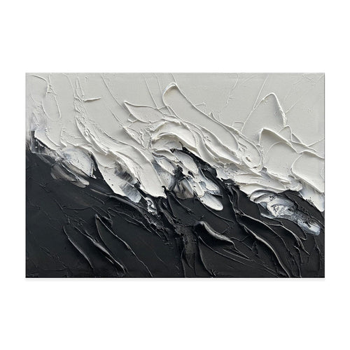 HKM-100499 Black and White Abstract Thick Oil Painting on Canvas for Modern Home Decor - Unique Handmade Wall Art