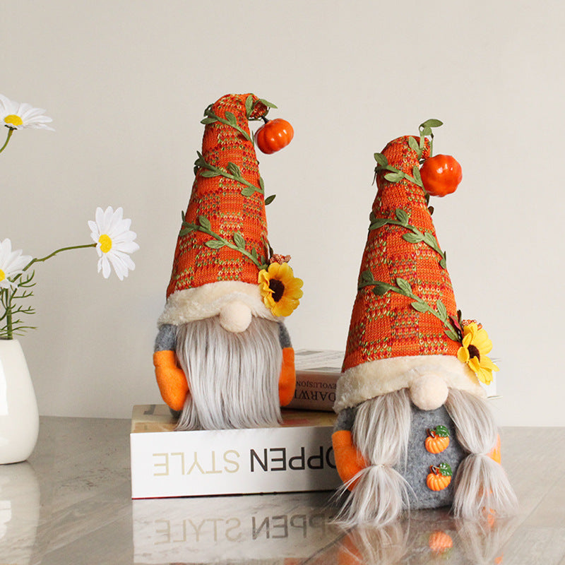 HKM-100691 Pumpkin Sunflower Dwarf Doll Ornament for Harvest Festival Window Decor