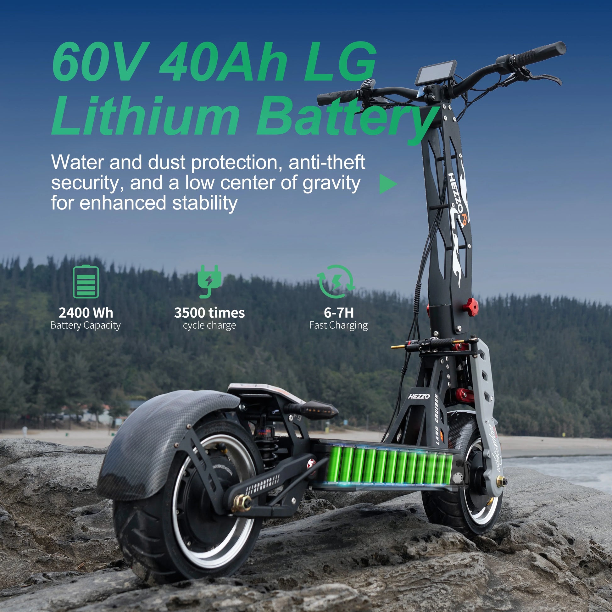 HKM-100755 HEZZO F9 Dual Motor 60V 40Ah Electric Fat Tire Scooter, 80-100km Range, 90km/h Max Speed, Foldable, Hydraulic Brakes