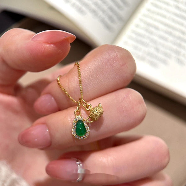 HKM-1007933 S925 Sterling Silver Natural Jadeite Green Gourd Pendant Necklace