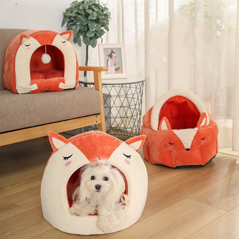 HKM-1009341 Cozy Removable and Washable Pet Nest with Playful Cat Ball, Orange, Suitable for Cats Up to 16 kg