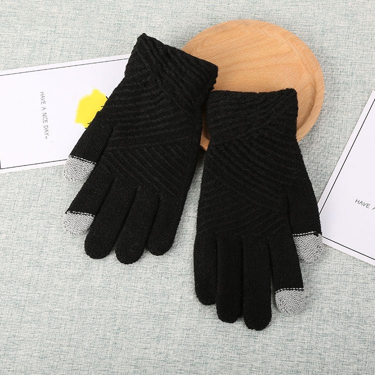HKM-101395 Winter Woolen Knitted Touch Screen Full Finger Gloves for Women - Warm Stripe Mittens