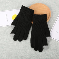 HKM-101395 Winter Woolen Knitted Touch Screen Full Finger Gloves for Women - Warm Stripe Mittens