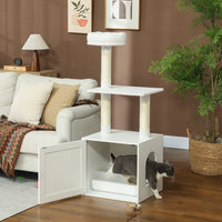 HKM-1014333 Cat Tree with Litter Box Enclosure, Climbing Platforms, Scratching Posts, and Bed in White