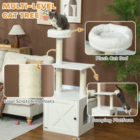 HKM-1014333 Cat Tree with Litter Box Enclosure, Climbing Platforms, Scratching Posts, and Bed in White