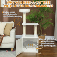 HKM-1014333 Cat Tree with Litter Box Enclosure, Climbing Platforms, Scratching Posts, and Bed in White
