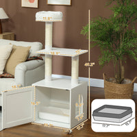 HKM-1014333 Cat Tree with Litter Box Enclosure, Climbing Platforms, Scratching Posts, and Bed in White