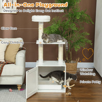 HKM-1014333 Cat Tree with Litter Box Enclosure, Climbing Platforms, Scratching Posts, and Bed in White