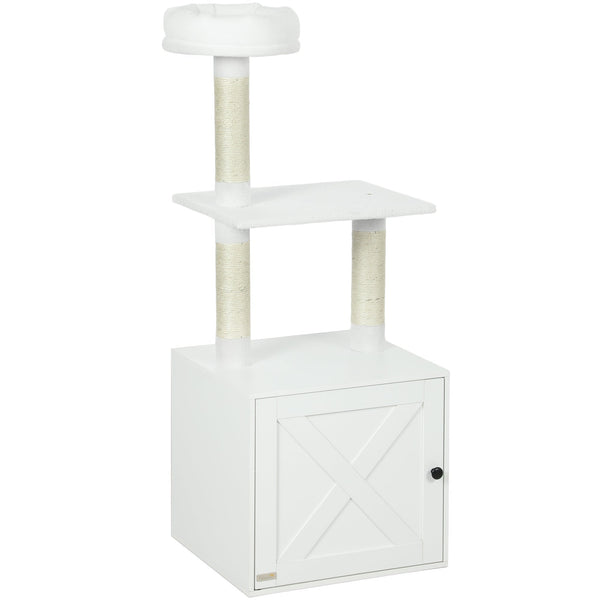 HKM-1014333 Cat Tree with Litter Box Enclosure, Climbing Platforms, Scratching Posts, and Bed in White