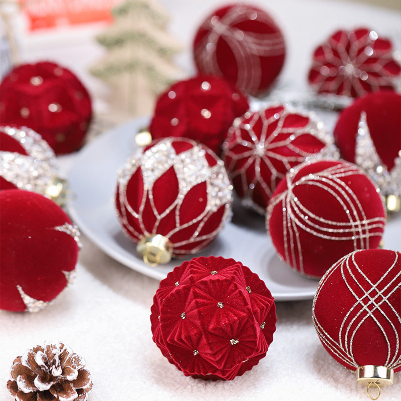 HKM-101843 Dark Green, Wine Red, Beige Christmas Ball Decorations - Flocking Pendant Set of 12