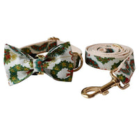HKM-102099 Christmas Wreath Cotton Dog Collar with Bow Knot and Leash Set, All Seasons, Sizes S-XL