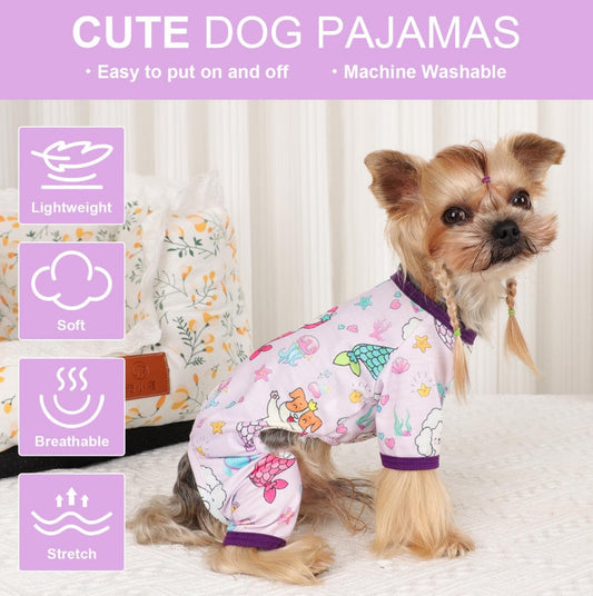 HKM-102227 Soft and Stretchy Dog Pajamas for Small Dogs - Breathable Onesies for Puppies and Cats, Ideal for Spring and Summer, Cute Mermaid Print