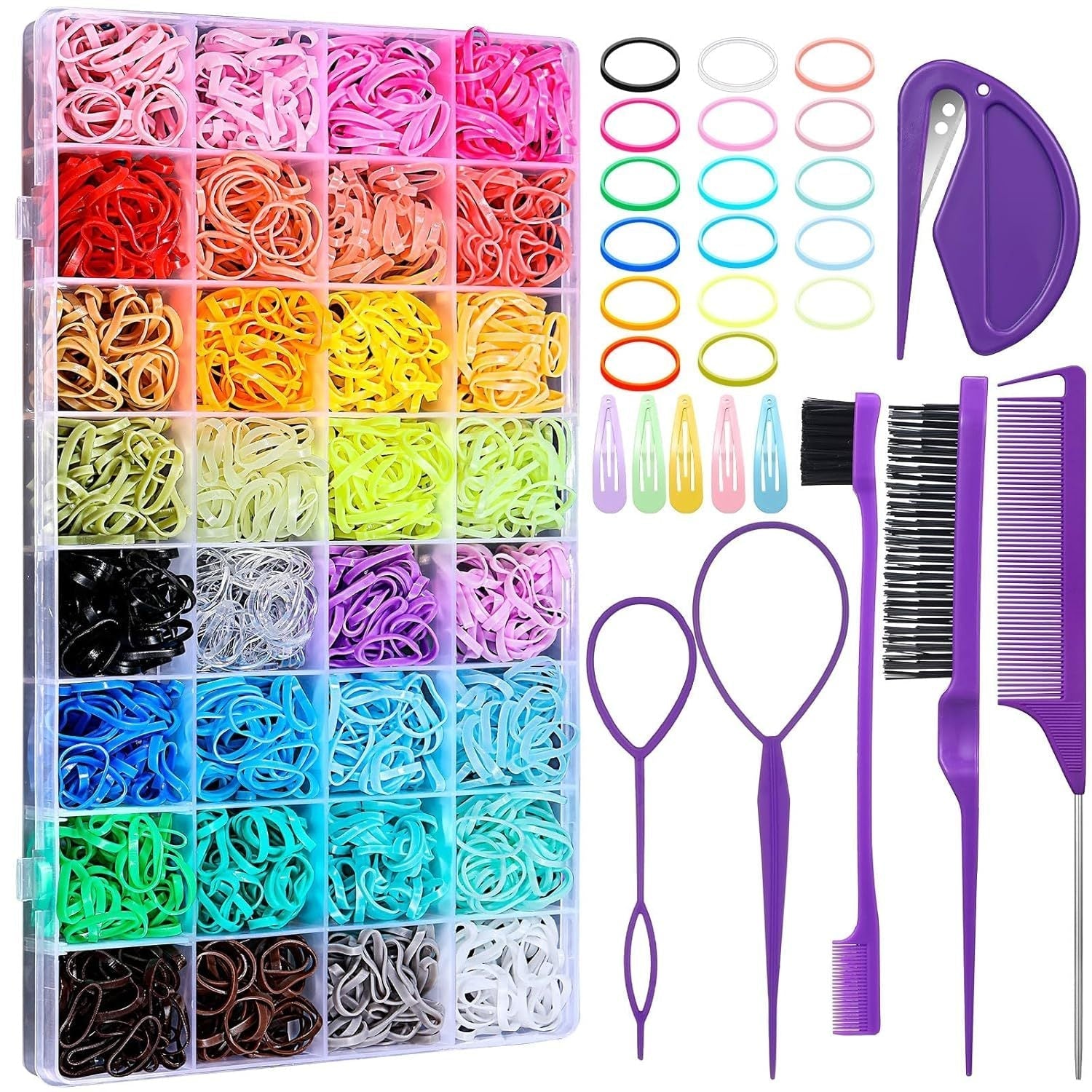 HKM-102291 Colorful Hair Rubber Bands Set with Hair Styling Tools – 2000 Elastic Hair Ties, 32 Colors, Includes Hair Elastic Cutter and Accessories