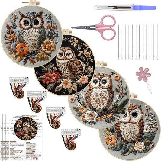 HKM-102547 Creative Embroidery Kit with Flower and Owl Patterns - Cotton and Linen Fabric Art Set