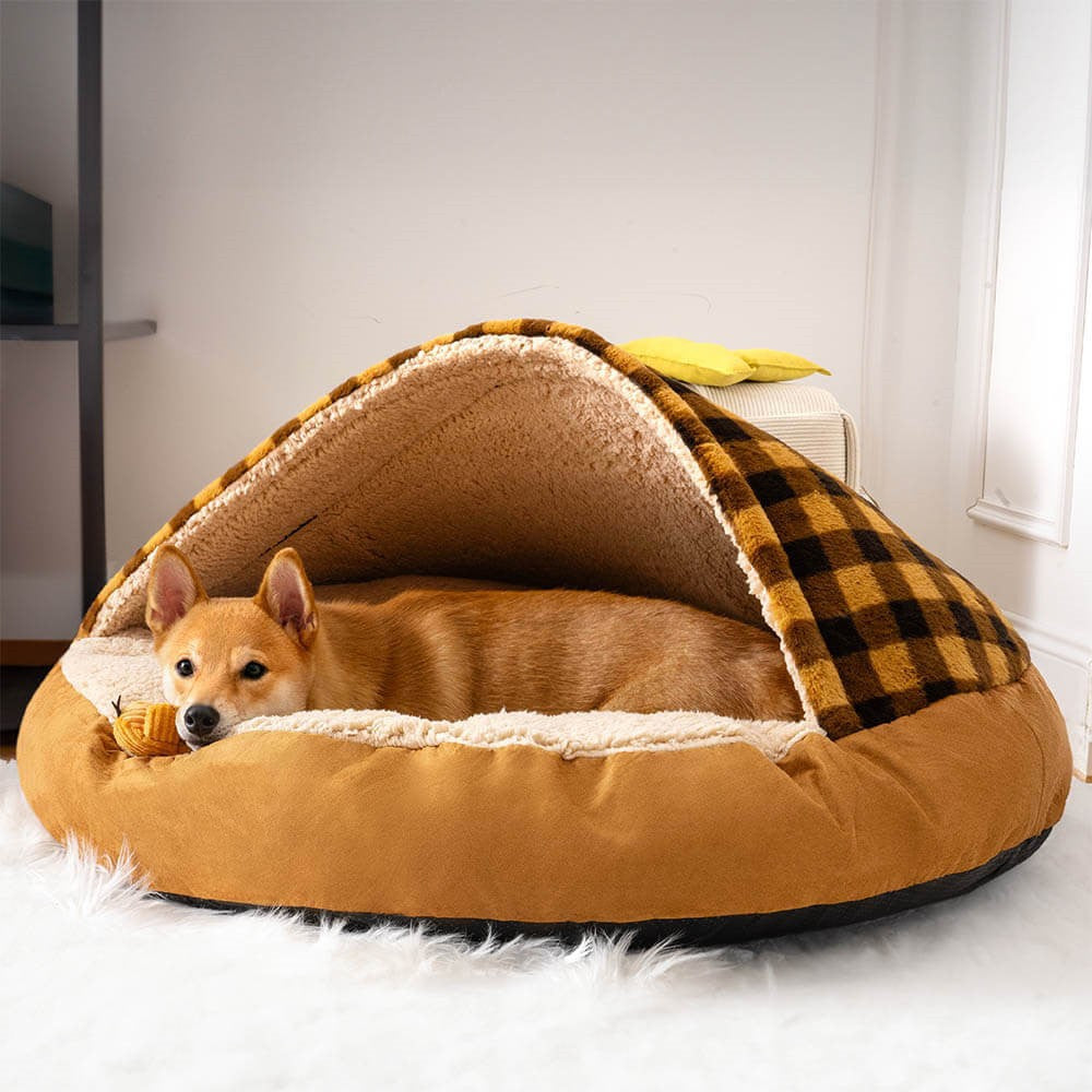 HKM-1026621 Plush Dog Nest Bed in Brown, Blue, Gray, Pink Plaids for Comfortable Sleeping