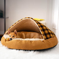 HKM-1026621 Plush Dog Nest Bed in Brown, Blue, Gray, Pink Plaids for Comfortable Sleeping