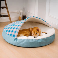 HKM-1026621 Plush Dog Nest Bed in Brown, Blue, Gray, Pink Plaids for Comfortable Sleeping