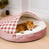 HKM-1026621 Plush Dog Nest Bed in Brown, Blue, Gray, Pink Plaids for Comfortable Sleeping