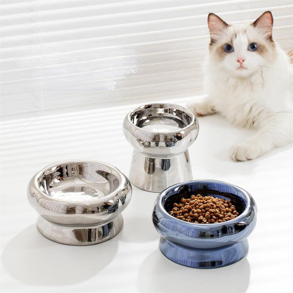 HKM-1026749 Tip-Proof Electroplated Ceramic Cat Bowl for Stable Feeding