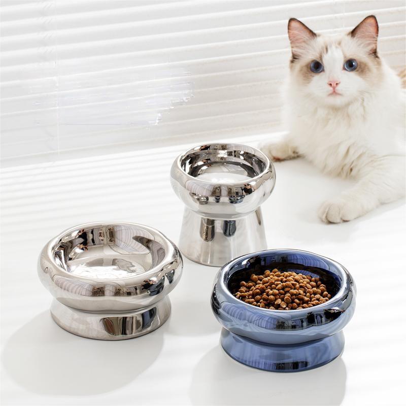 HKM-1026749 Tip-Proof Electroplated Ceramic Cat Bowl for Stable Feeding