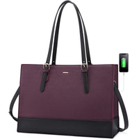 HKM-1027667 PU leather laptop tote bag in purple with black leather base and matching pouch
