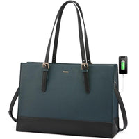 HKM-1027667 PU leather laptop tote bag in green with black leather base and matching pouch