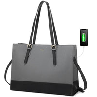 HKM-1027667 PU leather laptop tote bag in gray with black leather base and matching pouch