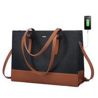 HKM-1027667 PU leather laptop tote bag in black with brown leather base and matching pouch