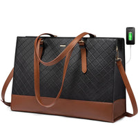 HKM-1027667 diamond quilted PU leather laptop tote bag in black with brown leather base and matching pouch