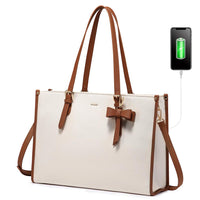 HKM-1027667 PU leather laptop tote bag in beige with brown trim matching pouch and bow charm