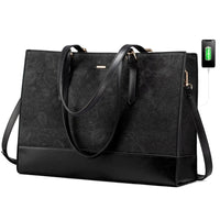 HKM-1027667 embossed floral PU leather laptop tote bag in black with black leather base and matching pouch