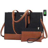 HKM-1027667 PU leather laptop tote bag in black with brown leather base matching pouch and USB charging port