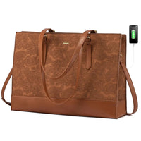 HKM-1027667 embossed floral PU leather laptop tote bag in brown with matching pouch