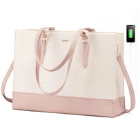 HKM-1027667 PU leather laptop tote bag in beige with pink leather base handles and matching pouch
