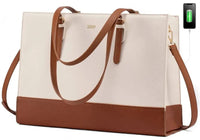 HKM-1027667 PU leather laptop tote bag with built-in USB charging port and matching pouch