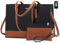 HKM-1027667 PU leather laptop tote bag for 15.6-inch laptops with built-in USB charging port matching pouch and seven organizer pockets