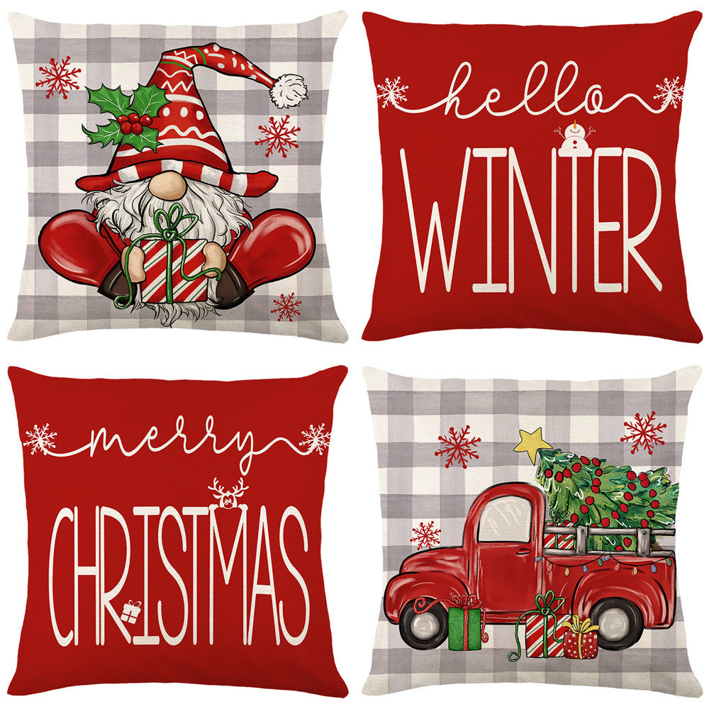 HKM-102995 Christmas Pillow Cover Set - 4-Piece Decorative Cushion Covers with Snowflake, Checkered, Car, and Star Designs, 45x45cm