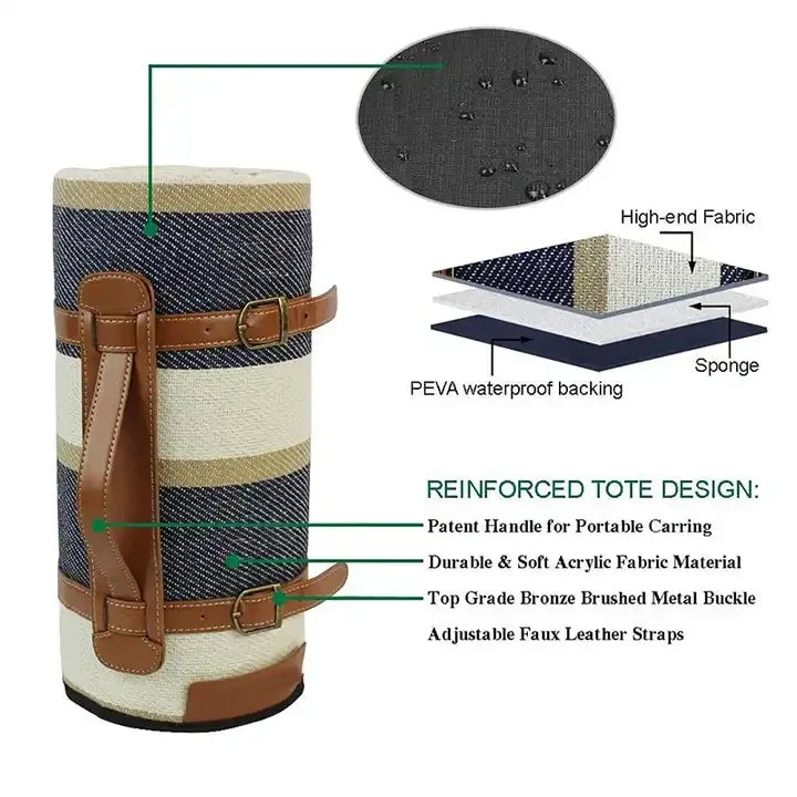 HKM-103059 Outdoor Waterproof Acrylic Plaid Picnic Blanket with Leather Strap - Foldable Moisture-Proof Camping Rug