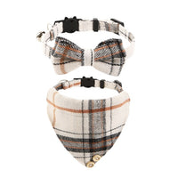 HKM-1034301 Plaid Bow Cat Collar with Bell - Adjustable Fabric and Triangular Scarf, Multiple Color Options