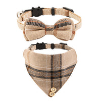 HKM-1034301 Plaid Bow Cat Collar with Bell - Adjustable Fabric and Triangular Scarf, Multiple Color Options